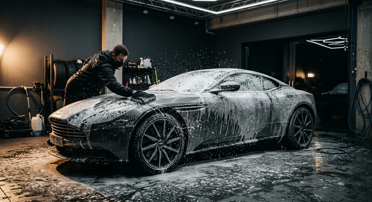 Voiture grise recouverte de mousse active pendant un lavage à la main