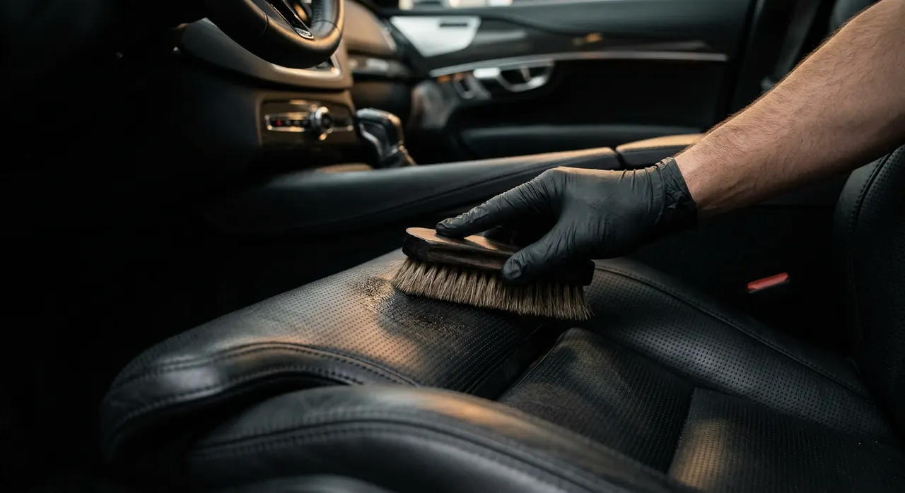 Main gantée nettoyant un siège en cuir noir avec une brosse douce